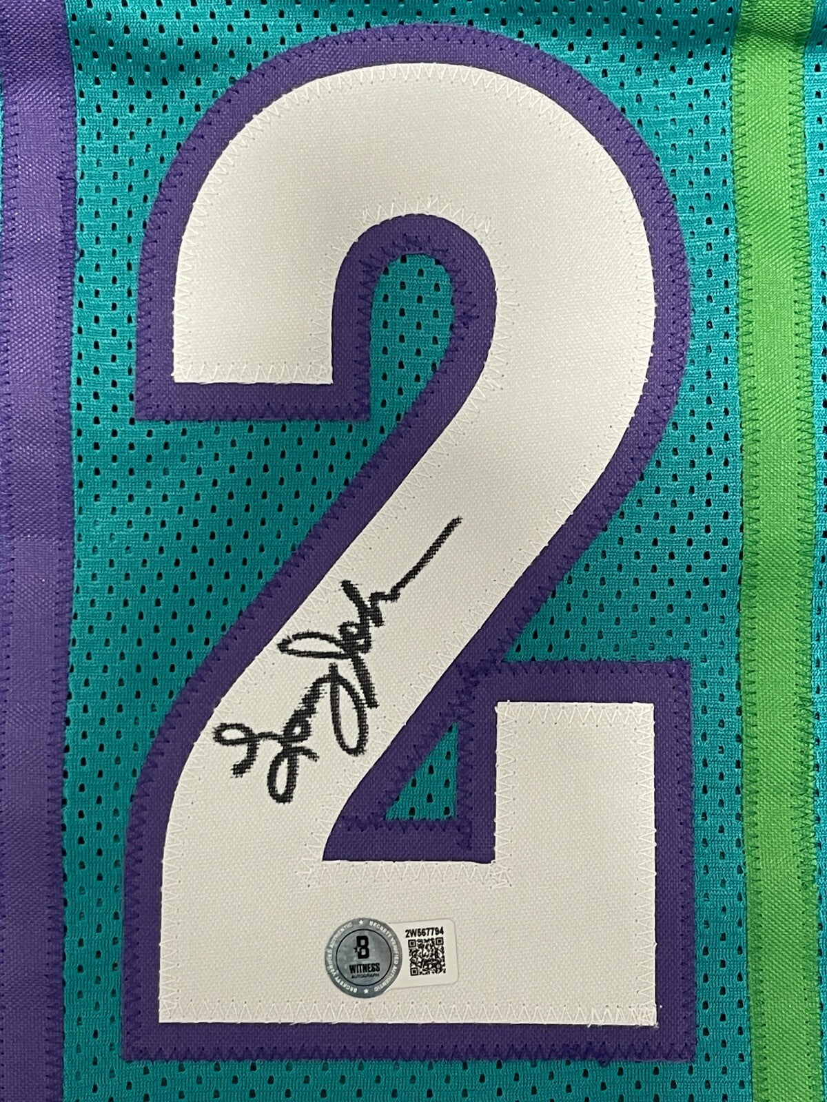 Larry Johnson Signed Custom Charlotte Jersey Beckett Witness BAS COA