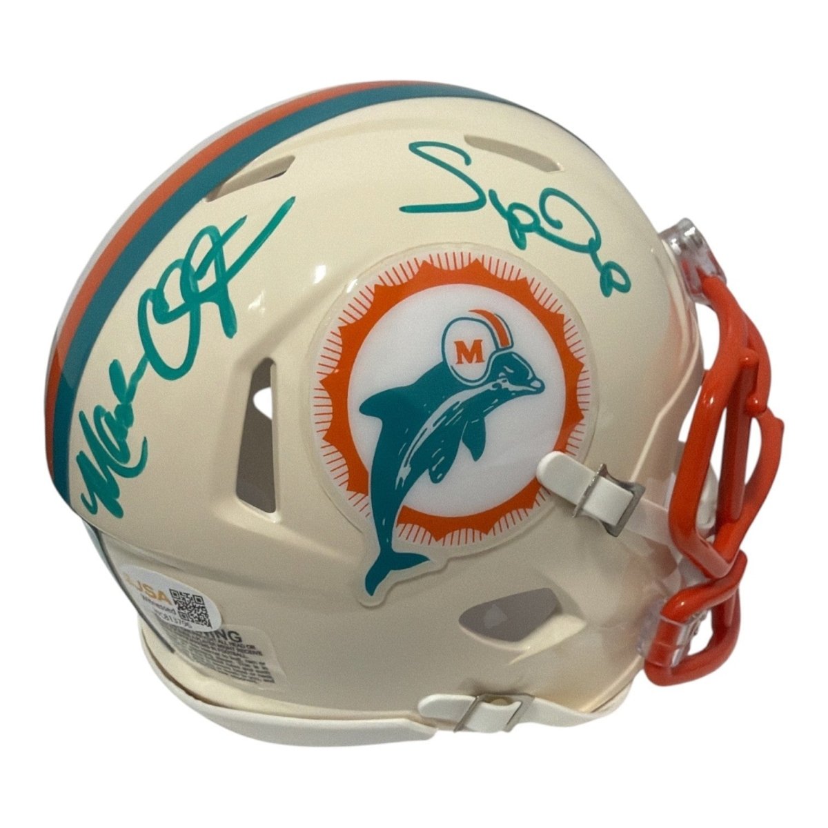 Mark Clayton &amp; Mark Duper Dual Signed Dolphins Retro Mini Helmet JSA Witness COA
