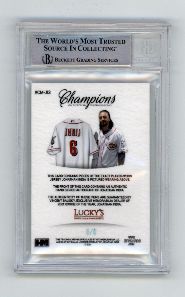Jonathan India 2021 Hits Memorabilia Champions Patch Dual Auto RC #6/6 BGS BAS