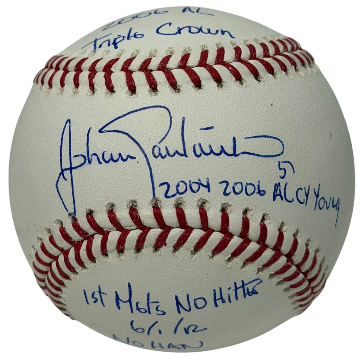 Johan Santana Signed Autographed ROMLB Baseball w/ 4 Stat Inscs JSA COA NY Mets