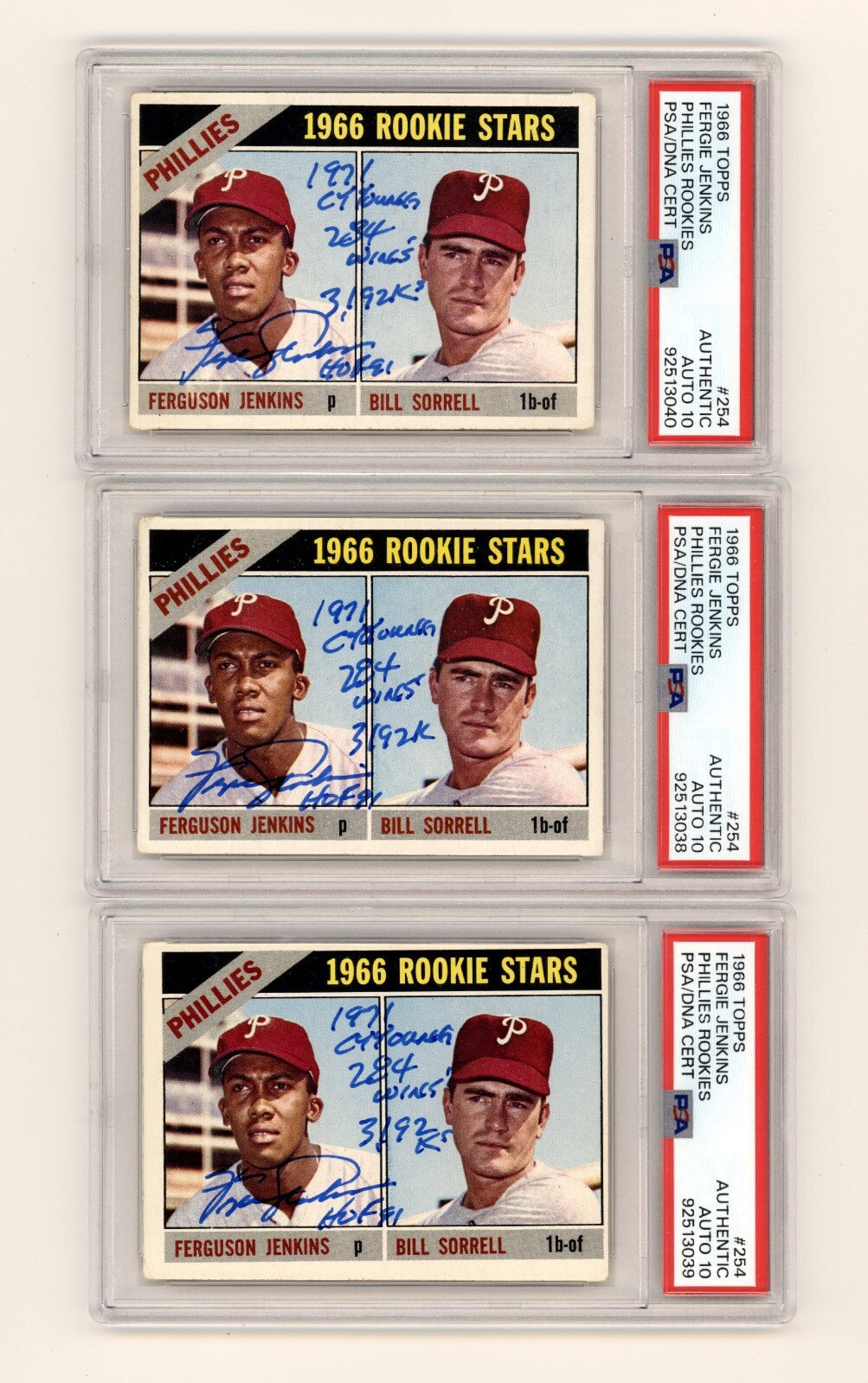 Fergie Jenkins 1966 Topps #254 Rookie RC w/ 4 Insc. Signed PSA 10 Auto HOF