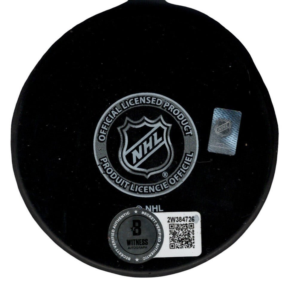 Grant Fuhr Signed Edmonton Oilers Logo Puck w/ HOF 03 Beckett Witness BAS COA