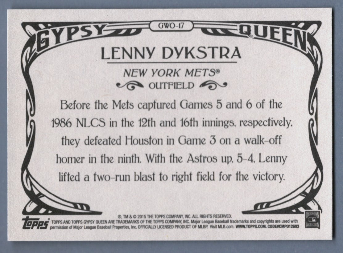 Lenny Dykstra Signed 2015 Topps Gypsy Queen GWO17 Walk-Off Winners Auto LSCM COA