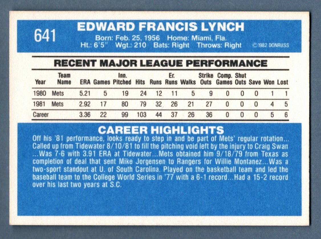 Ed Lynch Signed 1982 Donruss #641 Rookie RC w/ 86 WSC LSCM COA New York Mets