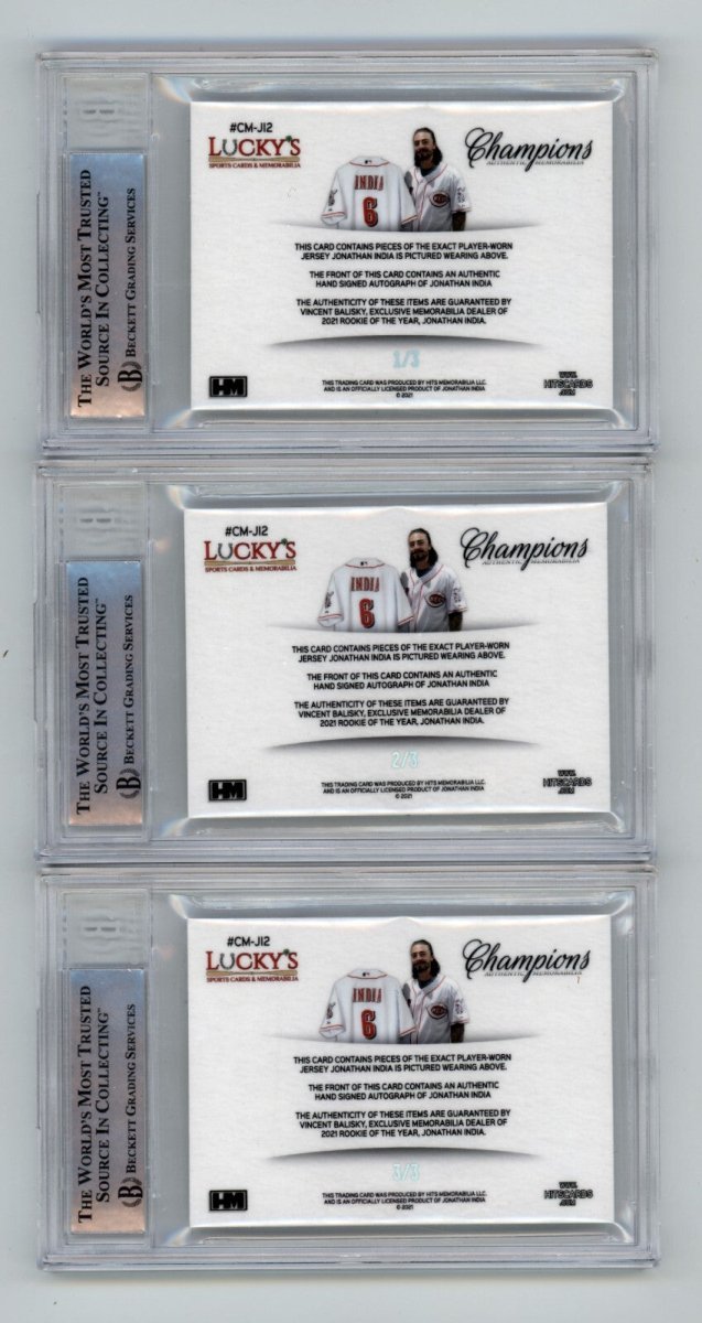 Jonathan India 2021 Hits Memorabilia Champions Ice Patch Dual Auto RC /3 BGS BAS