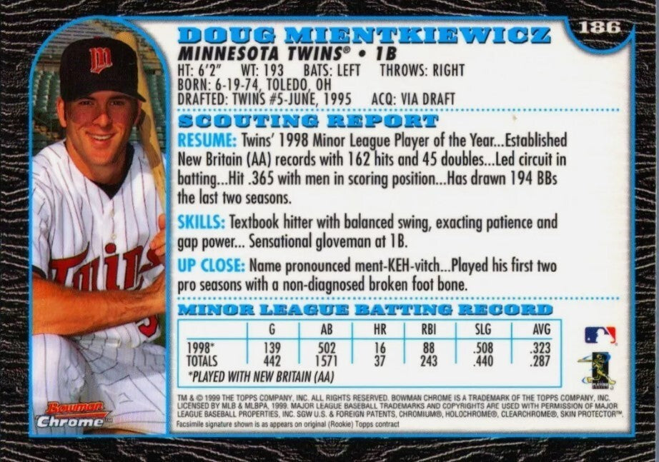 Doug Mientkiewicz Signed Auto 1999 Bowman Chrome #186 RC LSCM COA Twins
