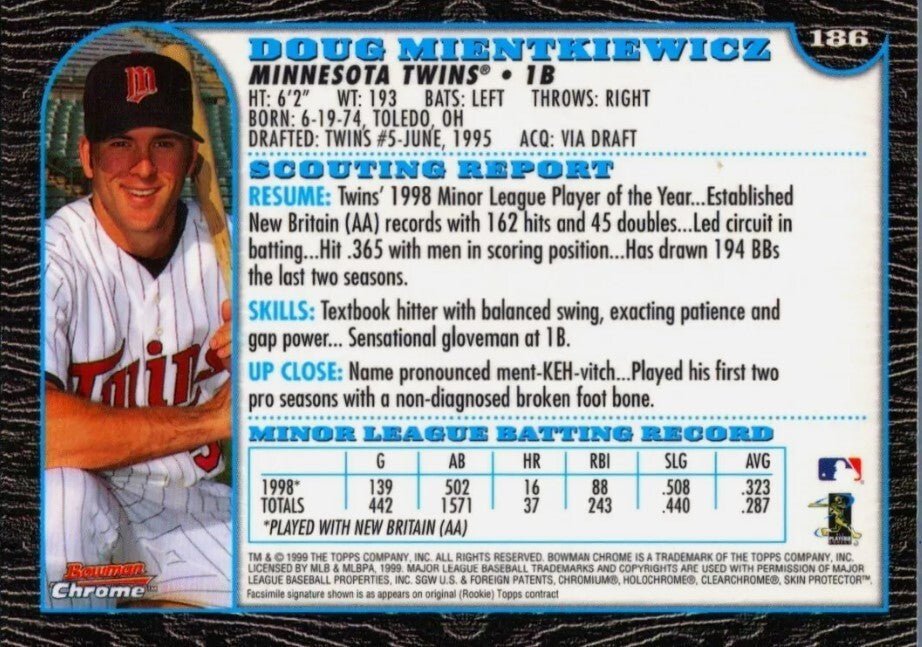 Doug Mientkiewicz Signed Auto 1999 Bowman Chrome #186 RC LSCM COA Twins