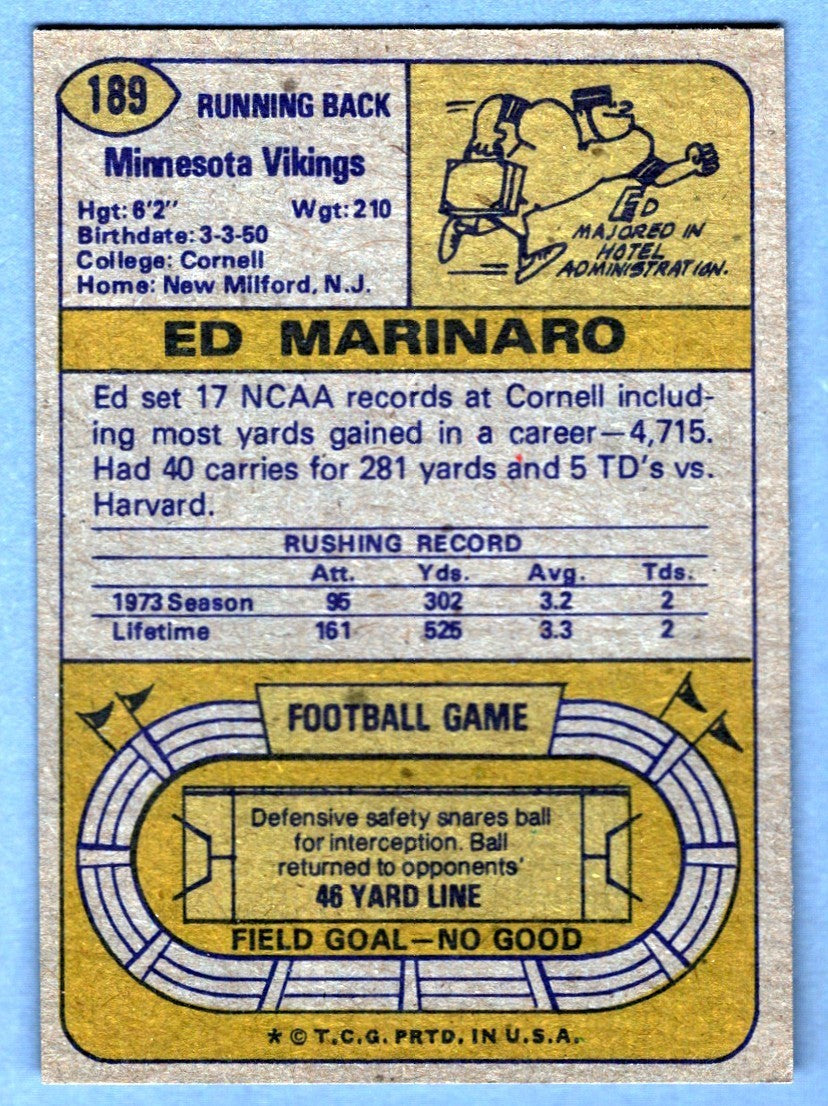 Ed Marinaro Signed 1974 Topps #189 Rookie RC LSCM COA Minnesota Vikings