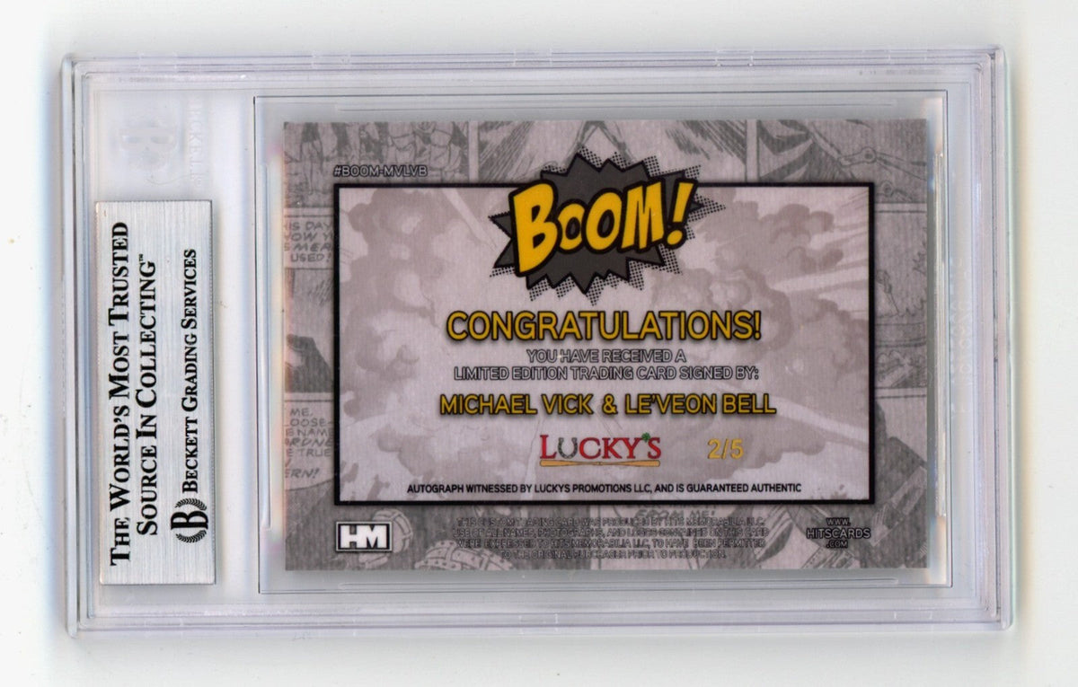 Michael Vick &amp; Le'Veon Bell 2024 Hits Mem BOOM Gold JSY # 2/5 Signed BGS Auto