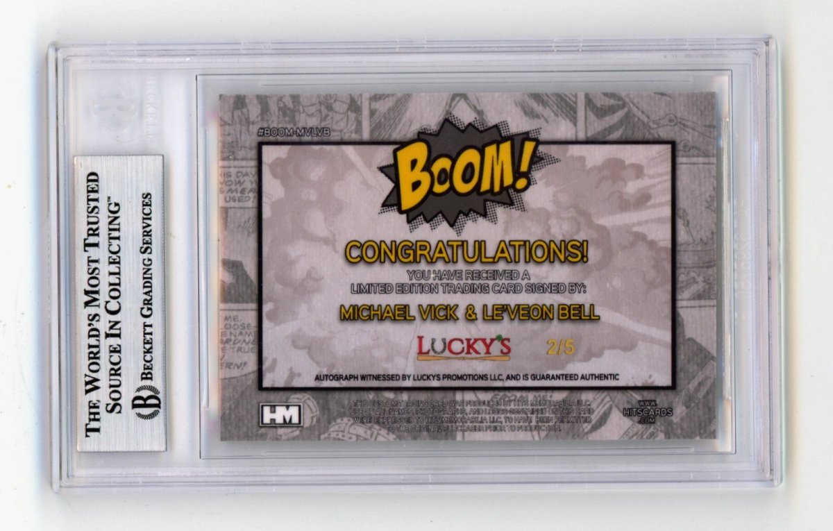 Michael Vick & Le'Veon Bell 2024 Hits Mem BOOM Gold JSY # 2/5 Signed BGS Auto