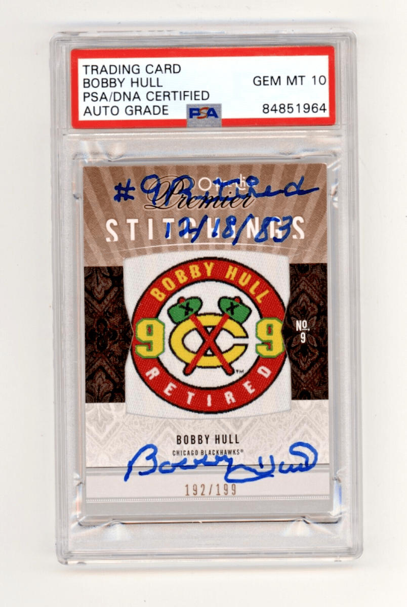 Bobby Hull 2009-10 O-Pee-Chee OPC Premier Stitchings Patch Inscribed PSA 10 Auto