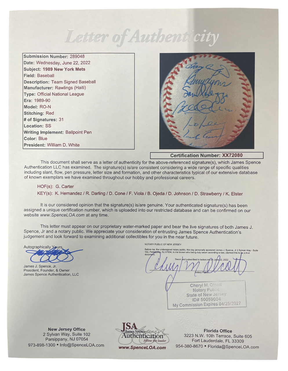 1989 New York Mets Team Signed Autograph ONL National League Baseball JSA LOA A