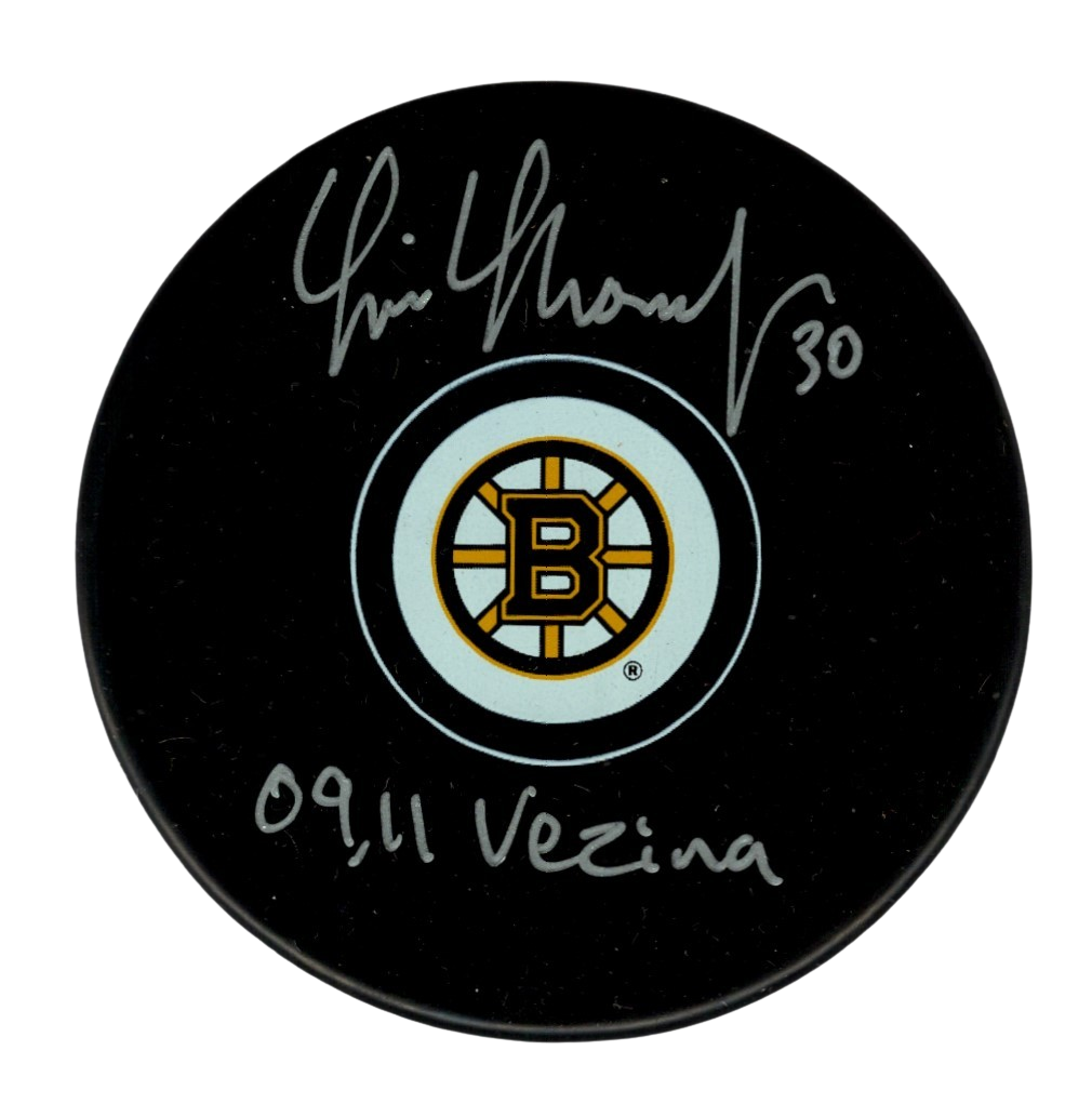 Tim Thomas Signed Auto Boston Bruins Puck w/ 09 , 11 Vezina Beckett Wit. BAS COA