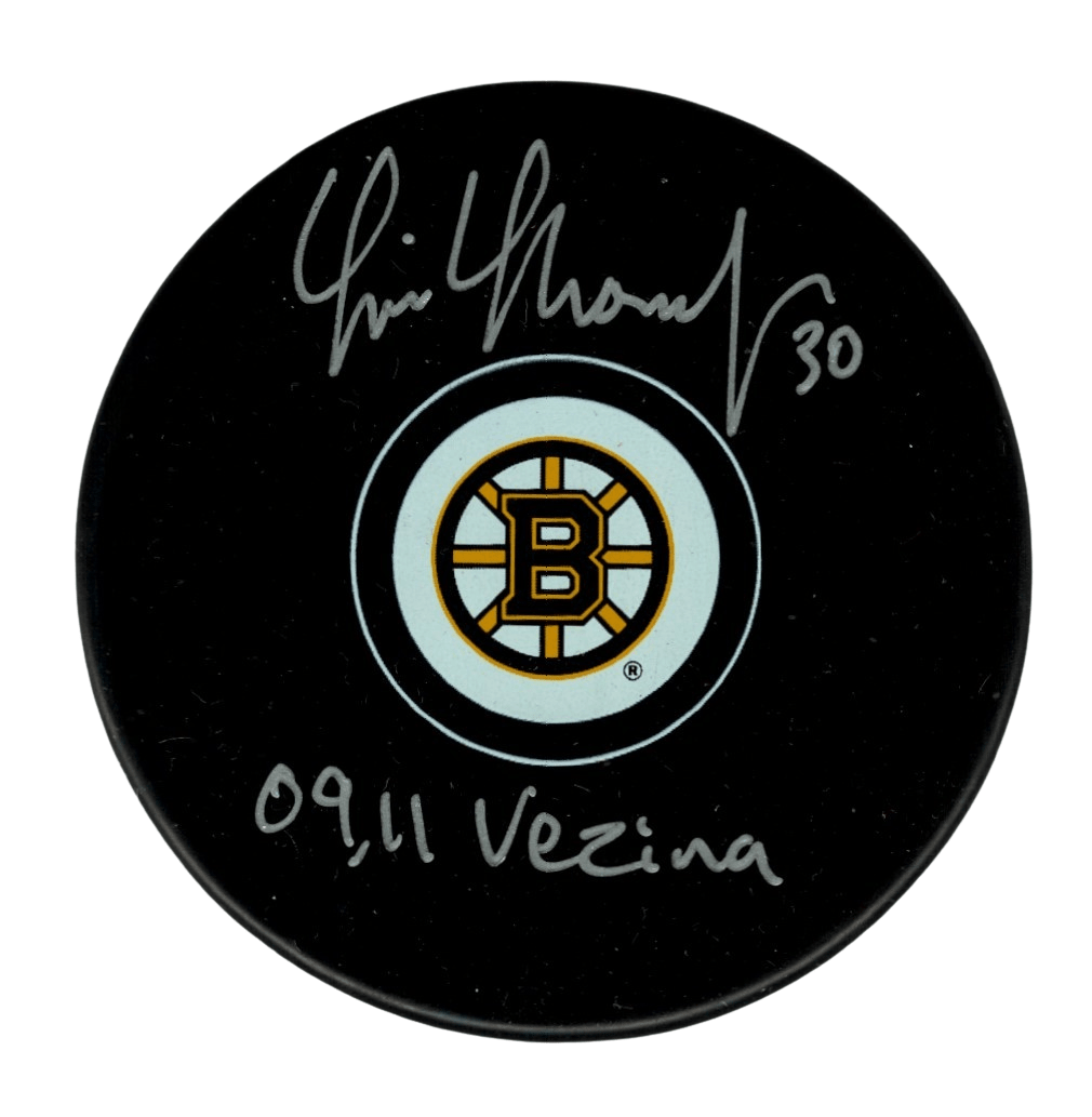 Tim Thomas Signed Auto Boston Bruins Puck w/ 09 , 11 Vezina Beckett Wit. BAS COA
