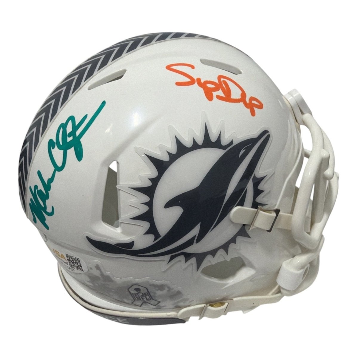 Mark Clayton &amp; Mark Duper Dual Signed Dolphins Salute Mini Helmet JSA Wit COA