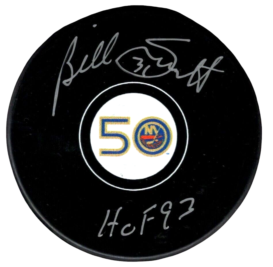 Billy Smith Signed Islanders 50th Anniversary Puck w/ HOF 93 Beckett Wit BAS COA