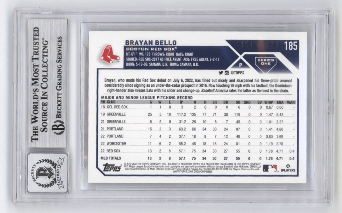 Brayan Bello 2023 Topps #185 Gold Signed Rookie RC /2023 Beckett BGS 10 Auto