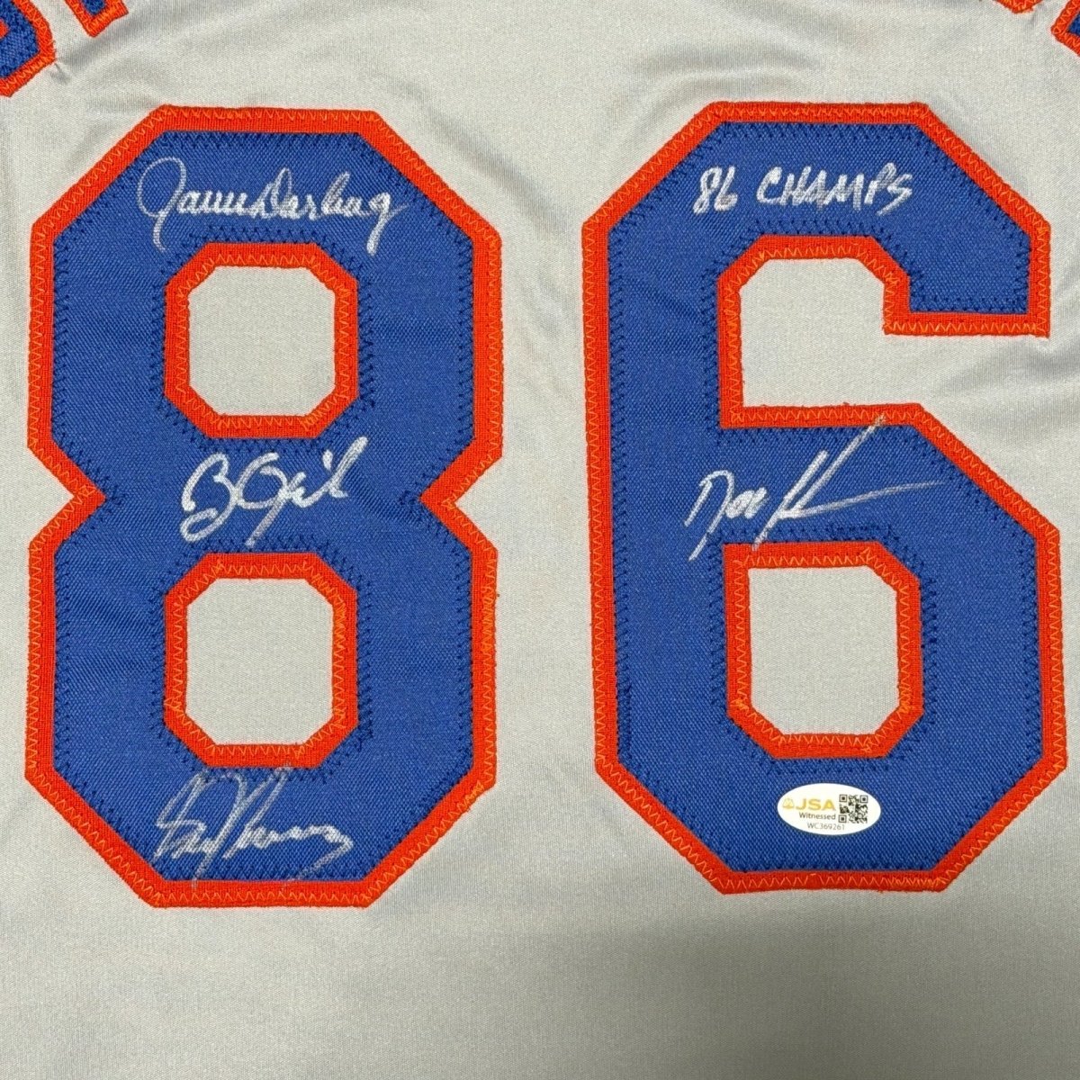 Gooden Darling Ojeda Fernandez Signed Custom Mets Jersey w/ 86 Champs JSA W COA