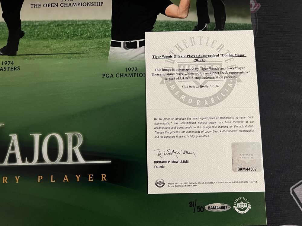 Tiger Woods &amp; Gary Player Signed Auto 20x24 Photo Double Major 31/50 UDA COA