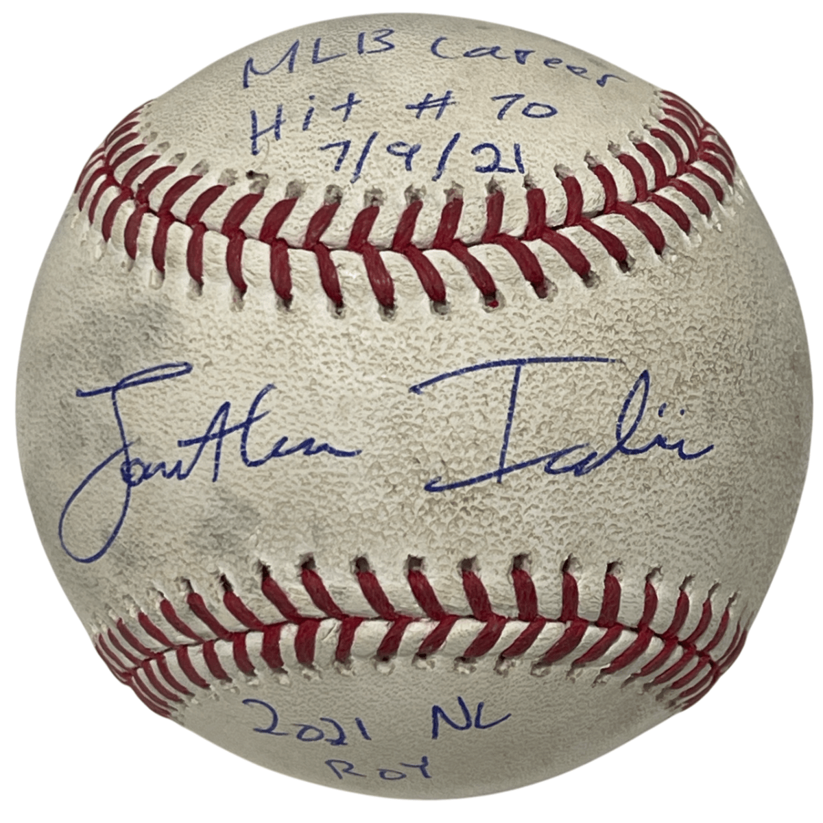 Jonathan India Signed 2021 Rookie Game Used Hit #70 Baseball w/ Insc. PSA COA