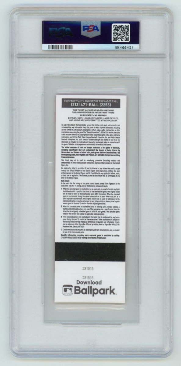 Miguel Cabrera Signed 3000th Hit Ticket 4/23/2022 w/ Inscription PSA 9 + Auto 10