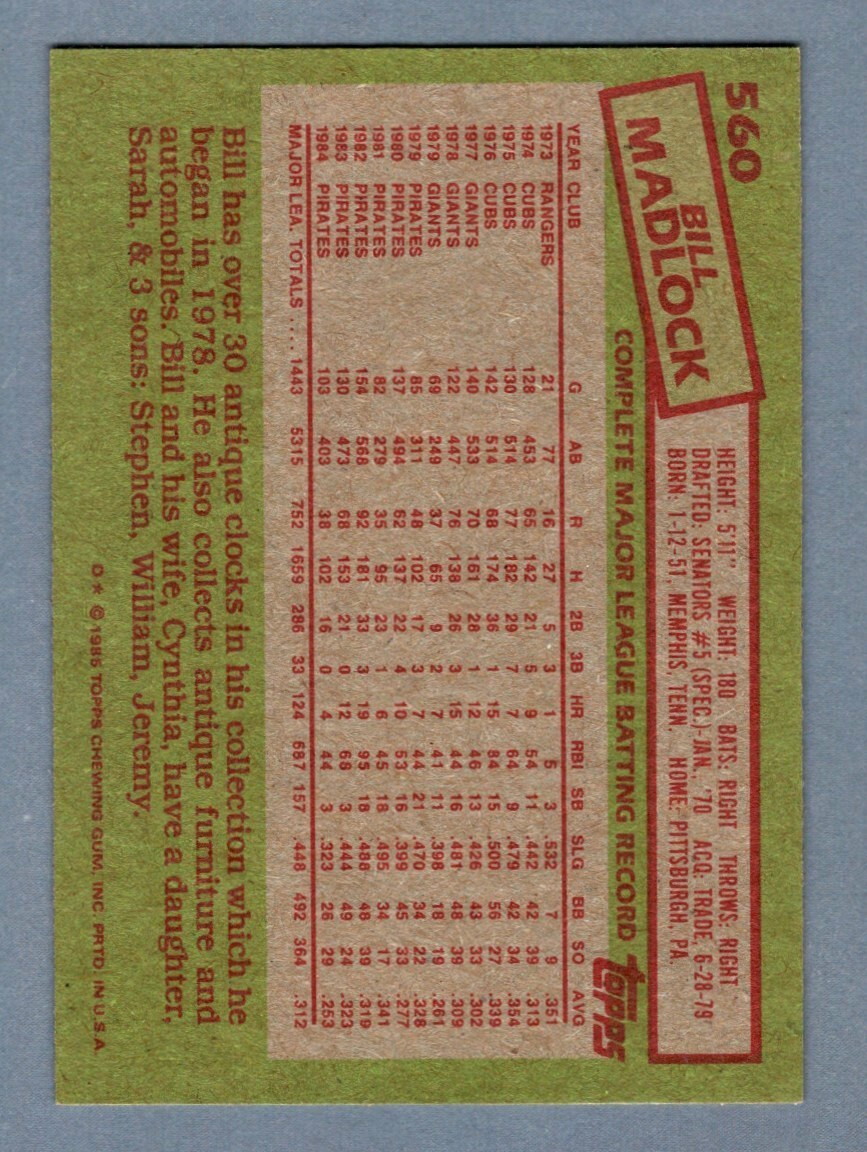 Bill Madlock Signed 1985 Topps Baseball #560 LSCM COA Pittsburgh Pirates