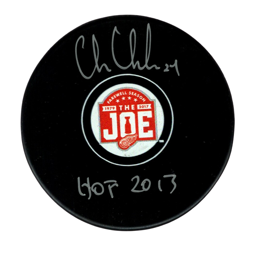 Chris Chelios Signed Auto Red Wings Farewell Joe Puck w HOF 2013 Beckett BAS COA