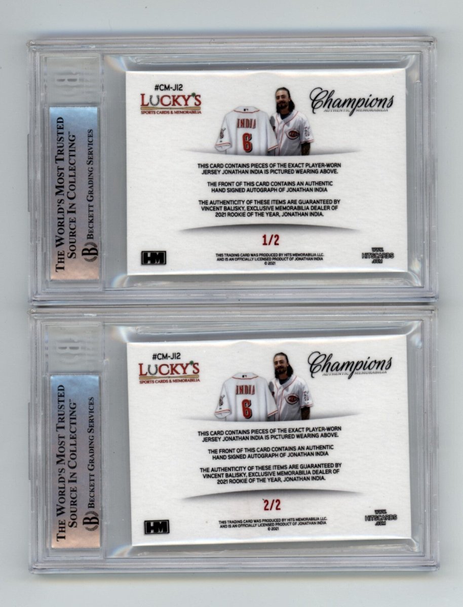 Jonathan India 2021 Hits Memorabilia Champions Red Patch Dual Auto RC /2 BGS BAS
