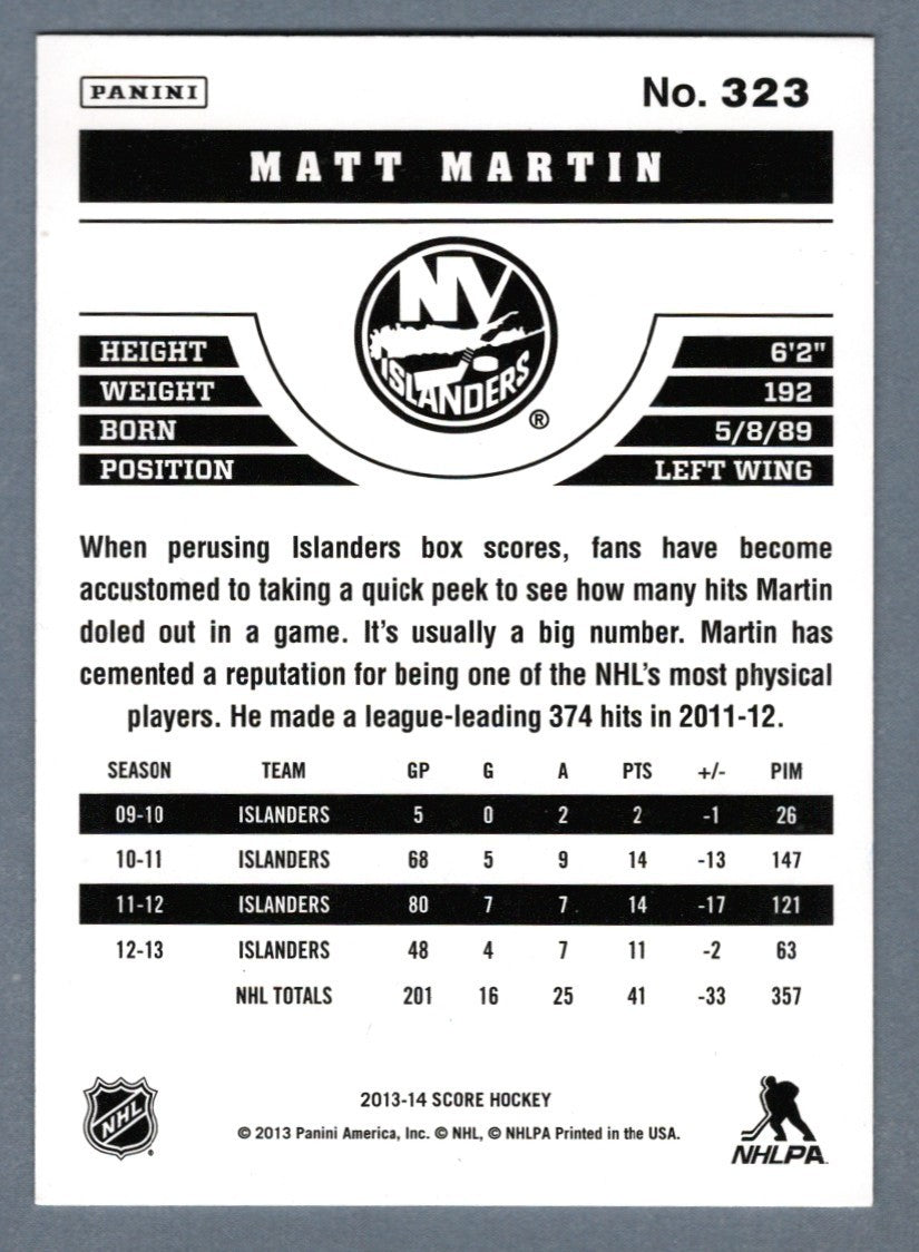 Matt Martin Signed 2013-14 Panini Score Hockey #323 LSCM COA New York Islanders