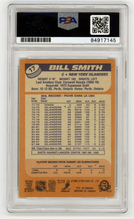 Billy Smith 1988-89 O-Pee-Chee OPC #17 Signed PSA Authentic Auto Black Islanders