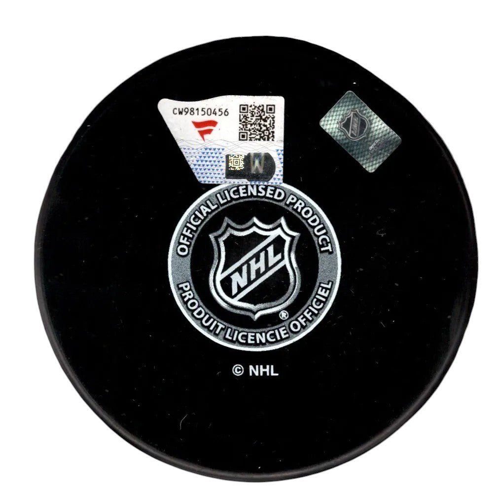 Connor Hellebuyck Signed Winnipeg Jets Logo Puck w/ 2025 Hart Insc. Fanatics COA