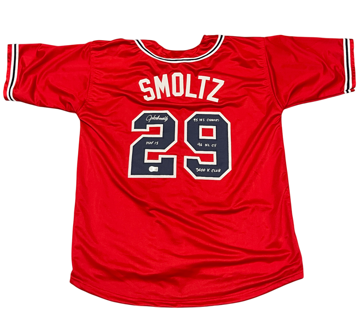 John Smoltz Signed Atlanta Braves Custom Jersey w/ 4 Ins Beckett Witness BAS COA