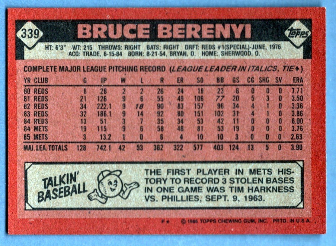 Bruce Berenyi Signed 1986 Topps #339 Rookie RC w/ 86 WSC LSCM COA NY Mets