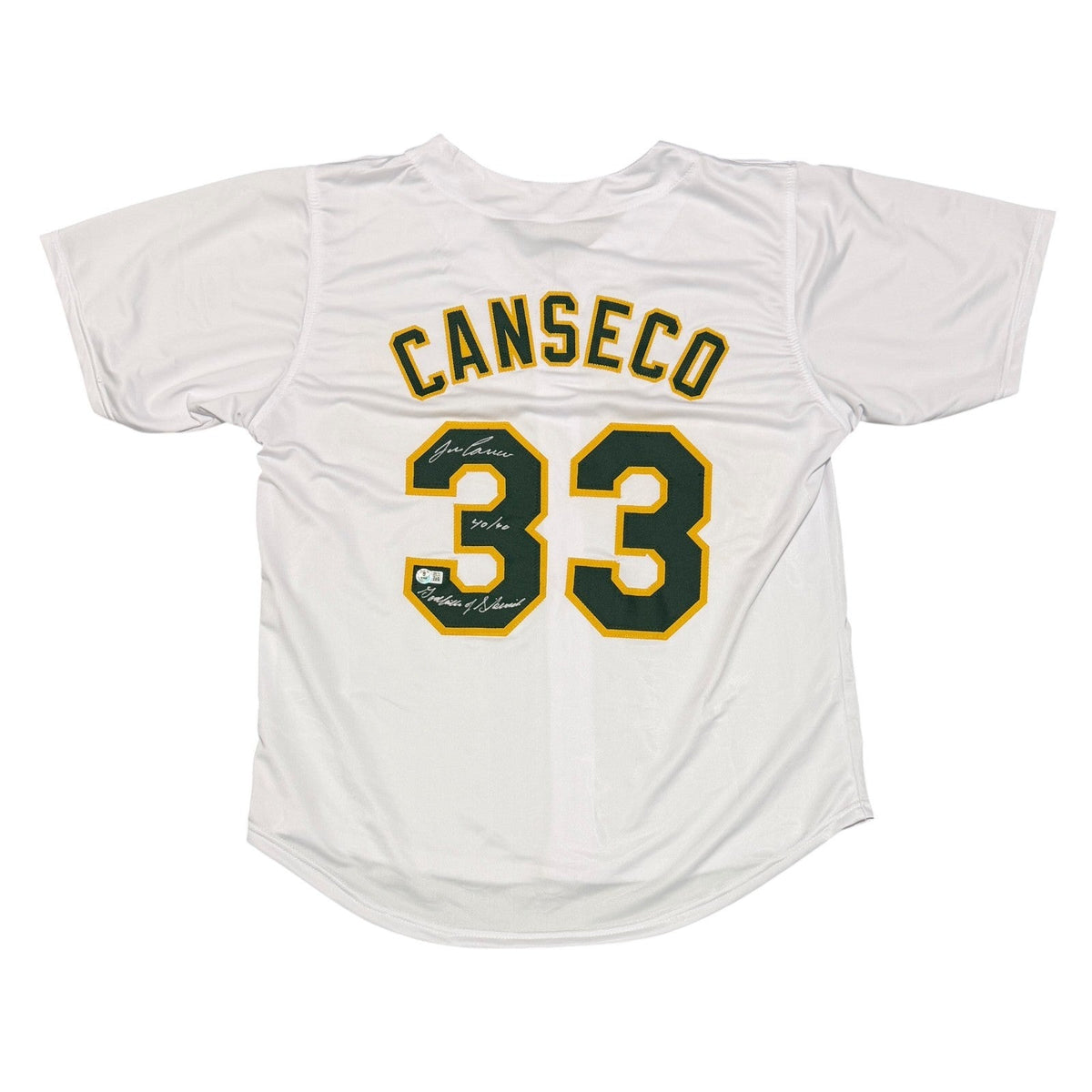 Jose Canseco Signed Athletics Custom Jersey w/ 40/40 + Steroids Beckett Wit COA