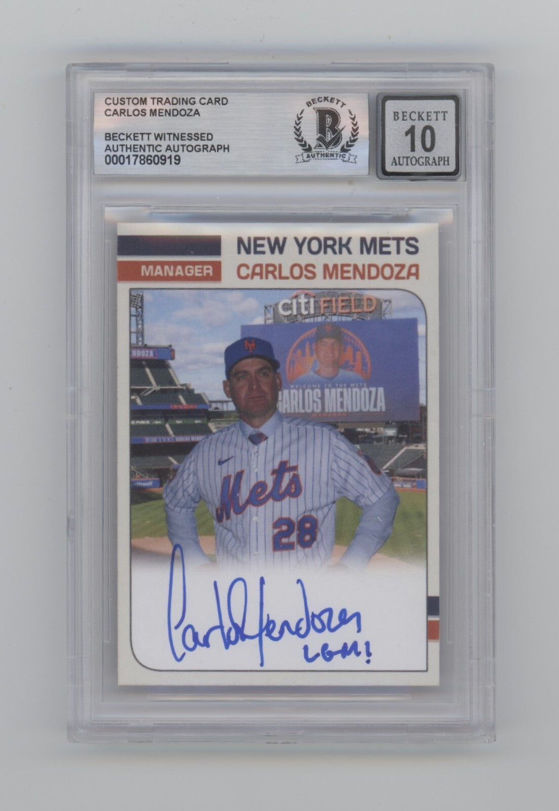 Carlos Mendoza Mets Manager Custom Card Signed w/ LGM! Beckett BGS 10 Auto