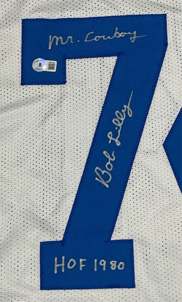 Bob Lilly Signed Dallas Cowboys Custom Jersey w/ 2 Ins Beckett Witness BAS COA