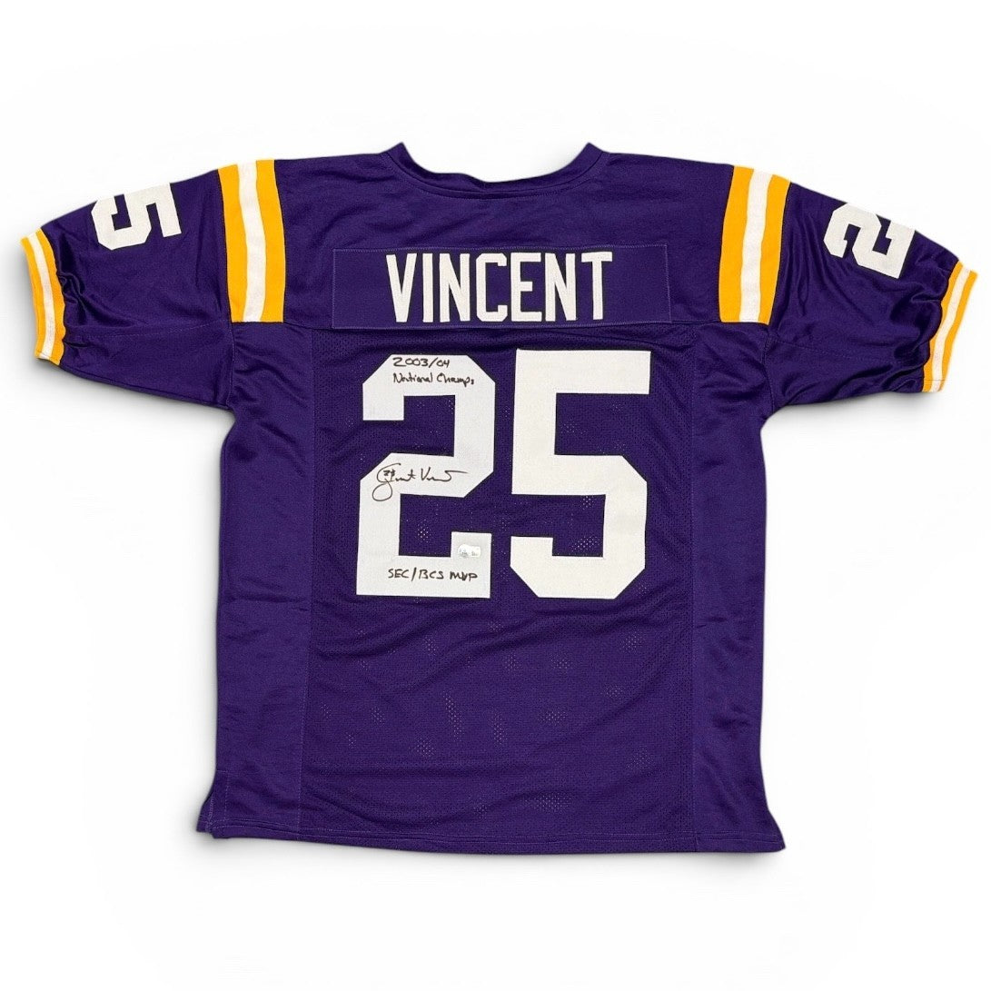 Justin Vincent Signed LSU Tigers Custom Jersey w/ 2 Insc Beckett Witness BAS COA