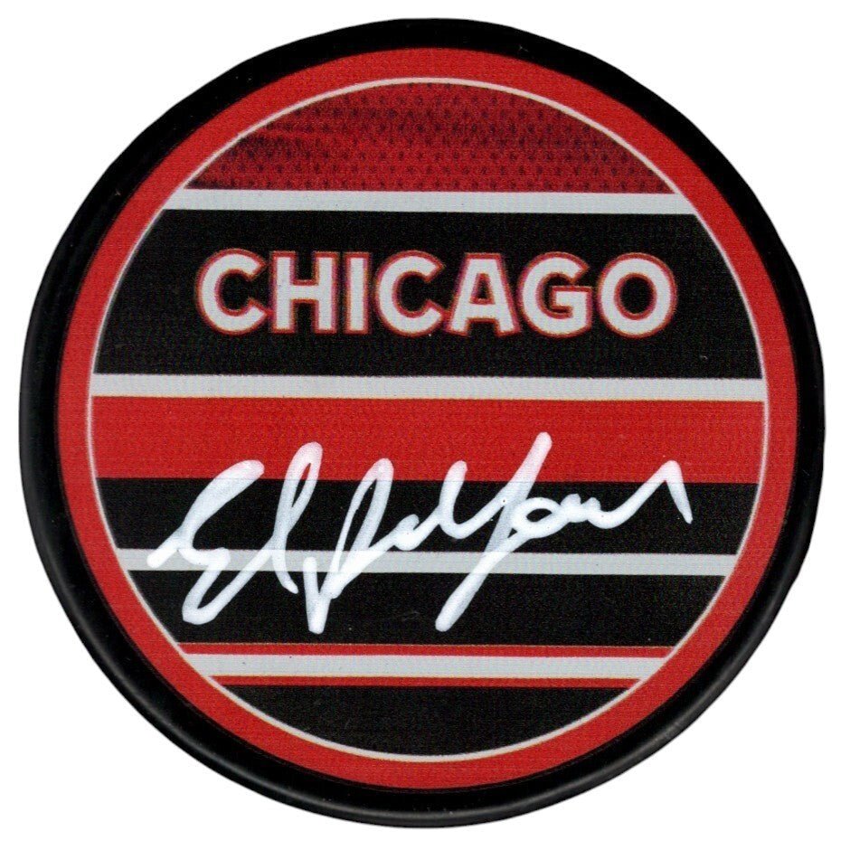 Ed Belfour Signed Chicago Blackhawks Reverse Retro Puck Beckett Witness BAS COA