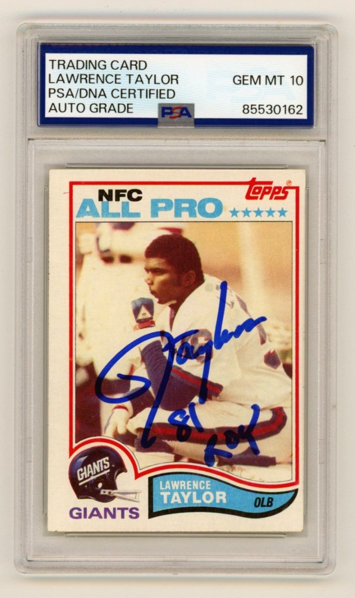Lawrence Taylor 1982 Topps 434 Signed Rookie RC w/ 81 ROY Ins PSA 10 Auto Giants