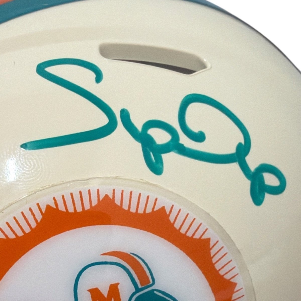 Mark Clayton &amp; Mark Duper Dual Signed Dolphins Retro Mini Helmet JSA Witness COA