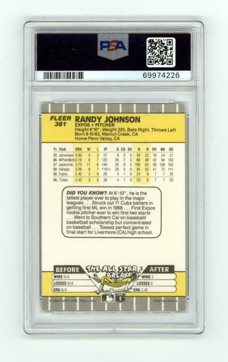 Randy Johnson 1989 Fleer #381 Marlboro Green RC w/ Insc Signed PSA DNA 10 Auto