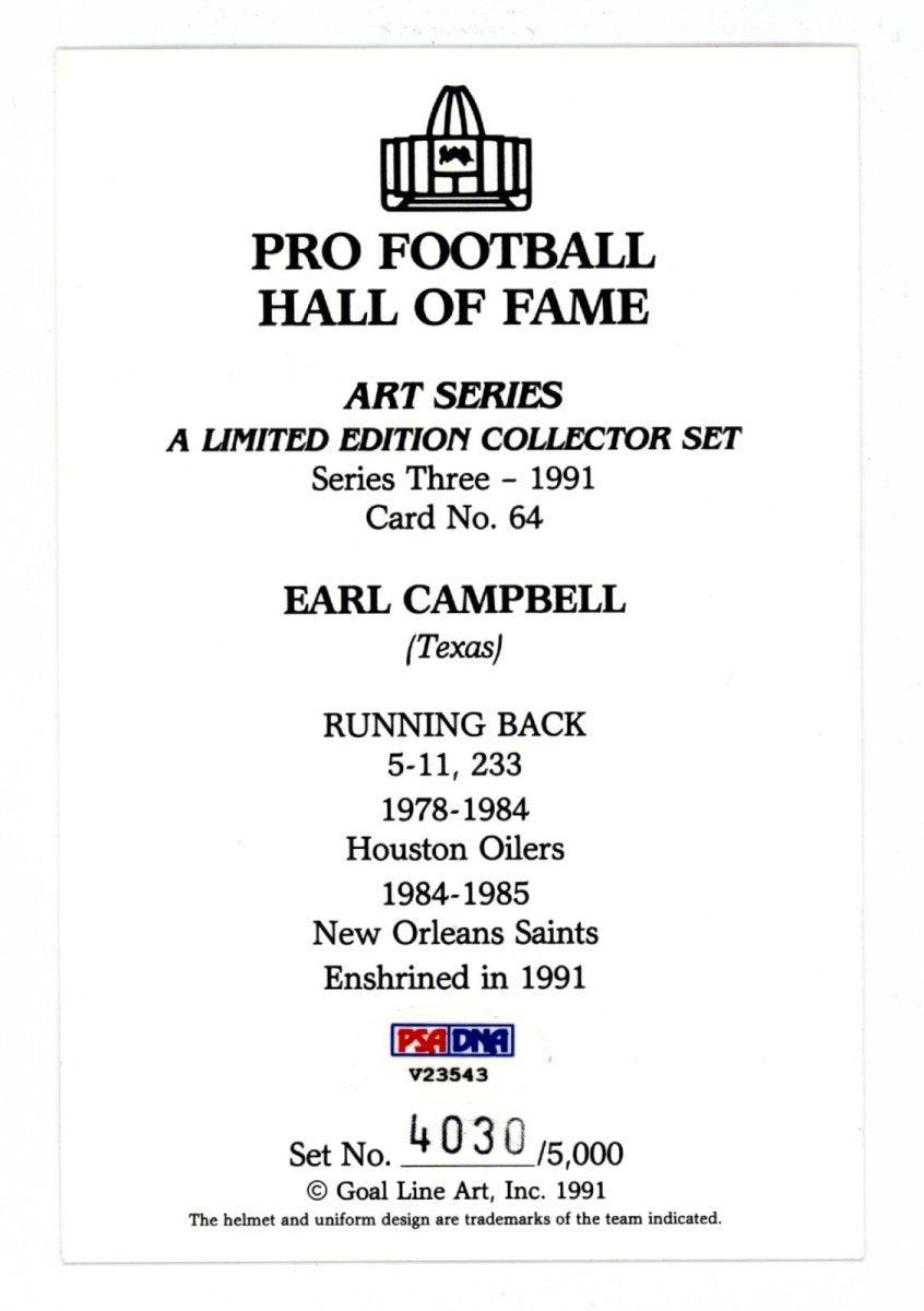 Earl Campbell Signed GLAC Goal Line Art Card /5000 w/ HOF 91 PSA COA Oilers