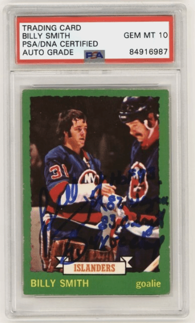 Billy Smith 1973-74 O-Pee-Chee OPC Rookie RC #142 Signed PSA 10 Auto w/ 4 Insc B
