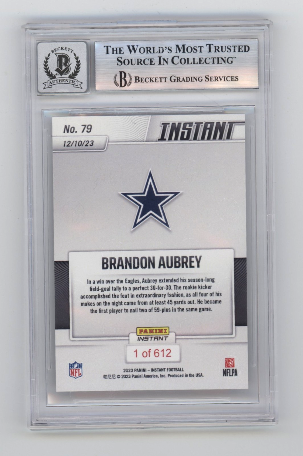 Brandon Aubrey 2023 Panini Instant #79 /612 Rookie RC Signed BGS 10 Auto Cowboys