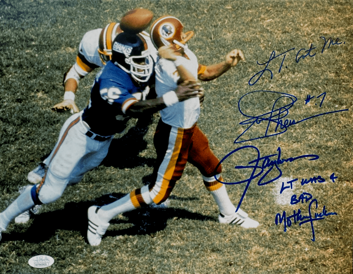 Lawrence Taylor &amp; Joe Theismann Signed 11x14 Photo LT Got Me &amp; Bad MFer JSA COA