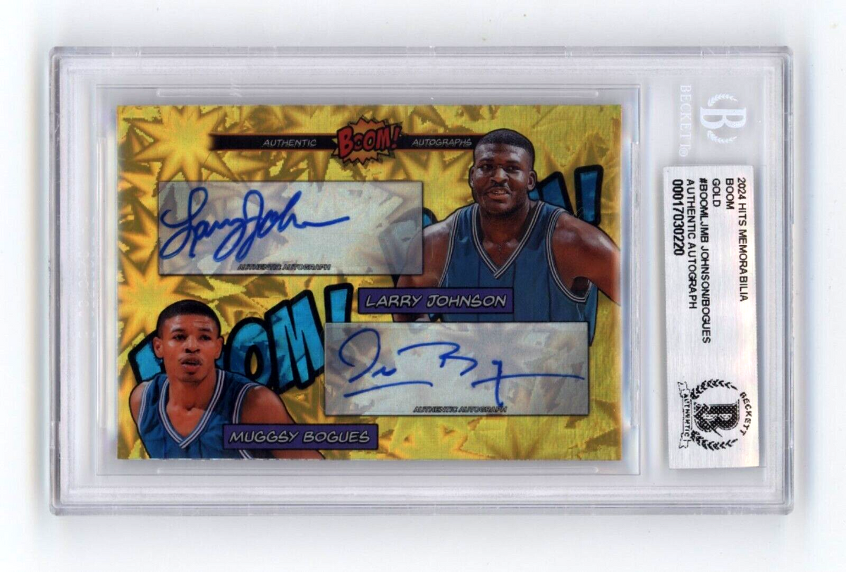 Larry Johnson &amp; Muggsy Bogues 2024 Hits BOOM Gold #/10 Dual Signed BGS BAS Auto
