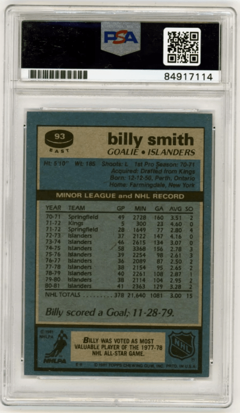 Billy Smith 1981-82 Topps East #93 Signed PSA Authentic Auto Islanders HOF