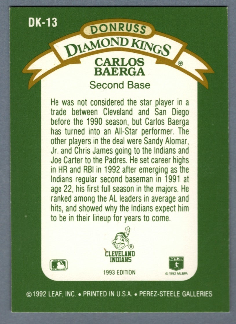 Carlos Baerga Signed 1992 Donruss Diamond Kings #DK-13 LSCM COA Cleveland