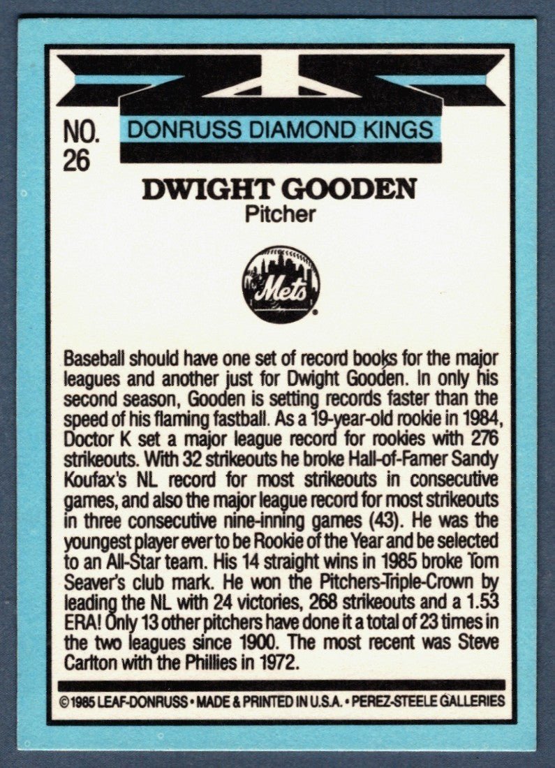 Dwight Doc Gooden Signed 1985 Donruss Diamond Kings #26 LSCM COA NY Mets