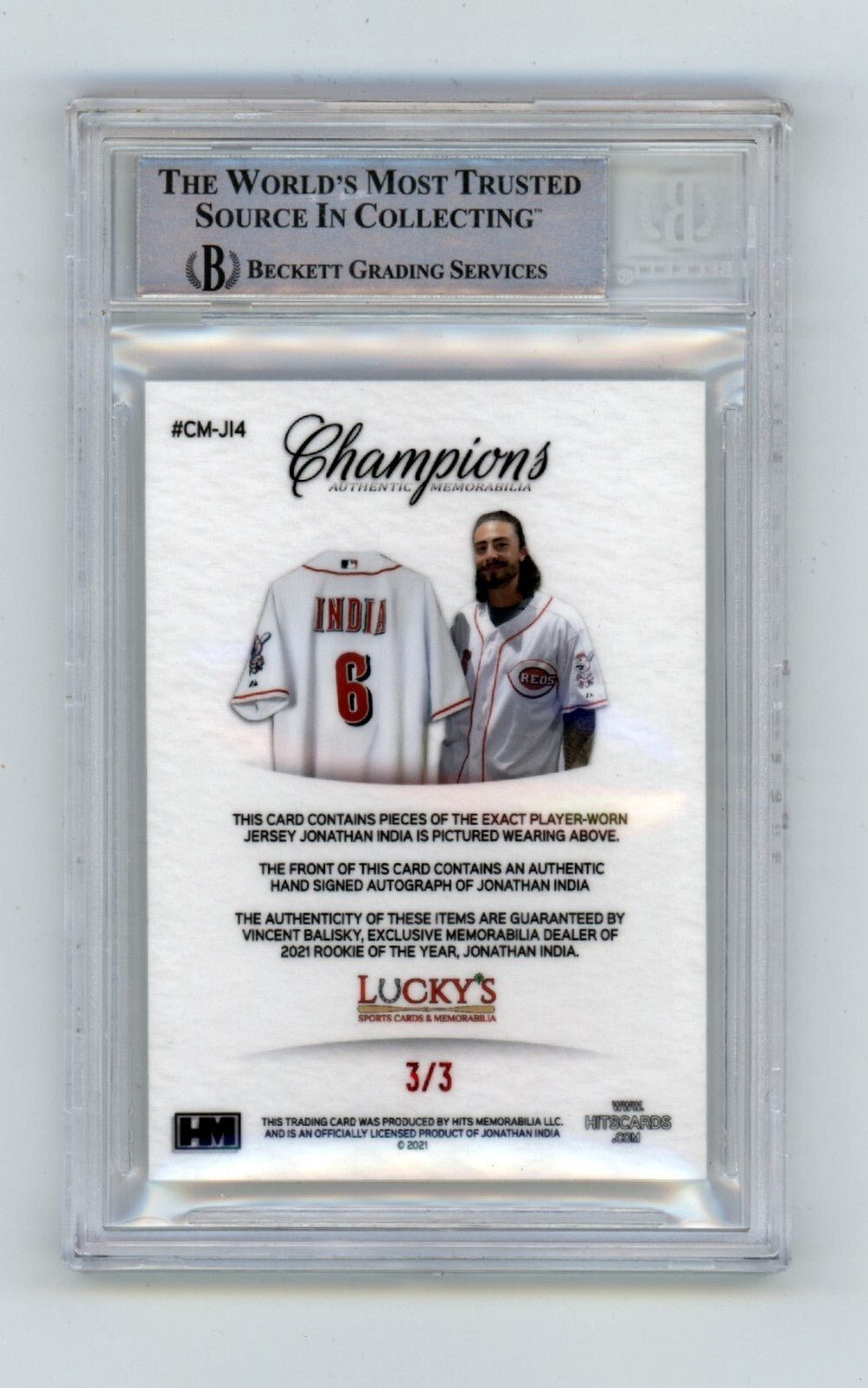 Jonathan India 2021 Hits Memorabilia Champions Red Majestic Tag Patch Auto RC /3
